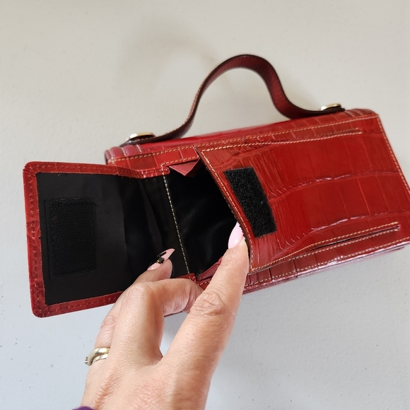 Brighton Red Leather Top Woven Handle Croc Embossed Hand Carry Clutch Purse 90s - Picture 5 of 10